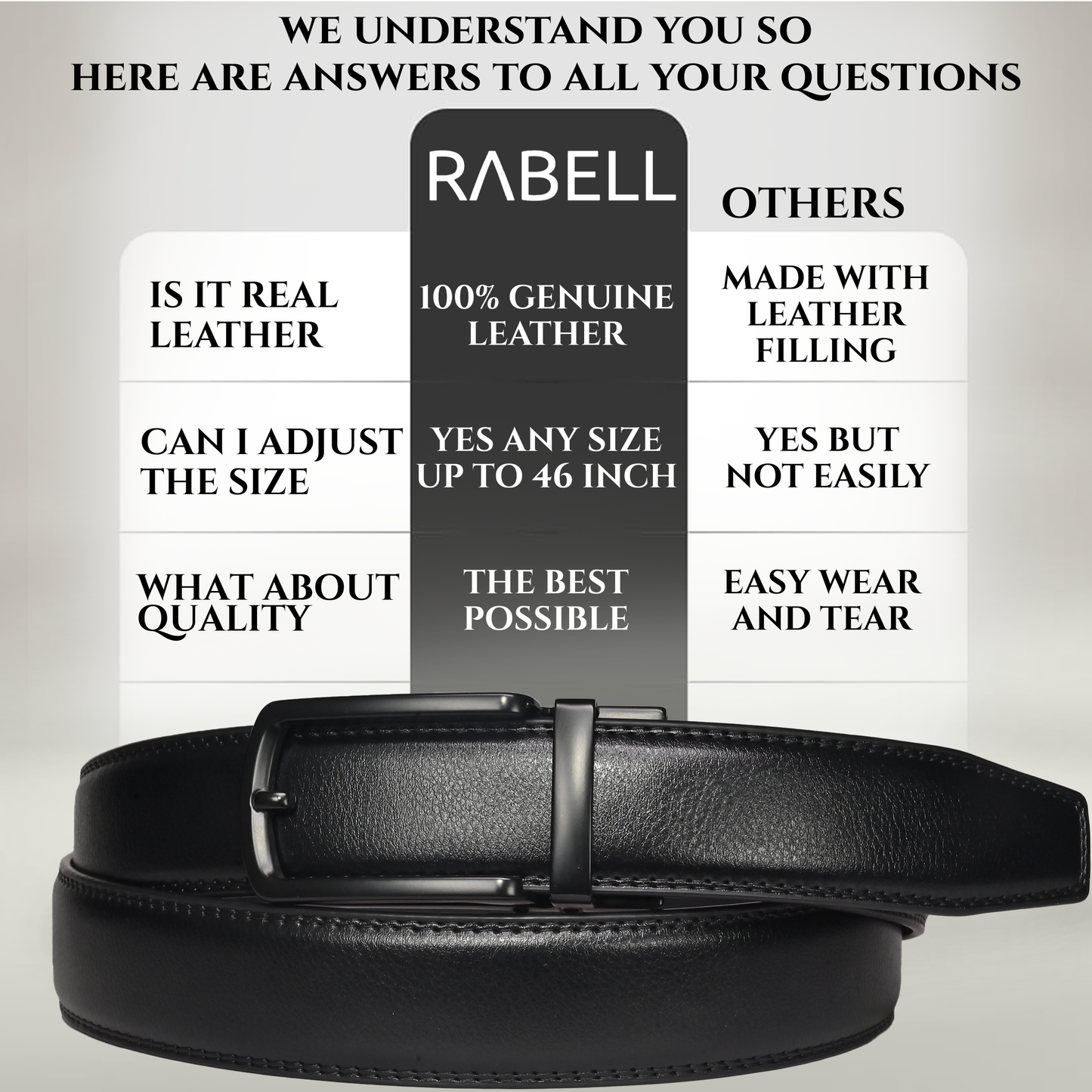 RABELL Genuine Leather Belt for men with Auto Lock mechanism Fit's size 28 to 46 inch (Phantom black)