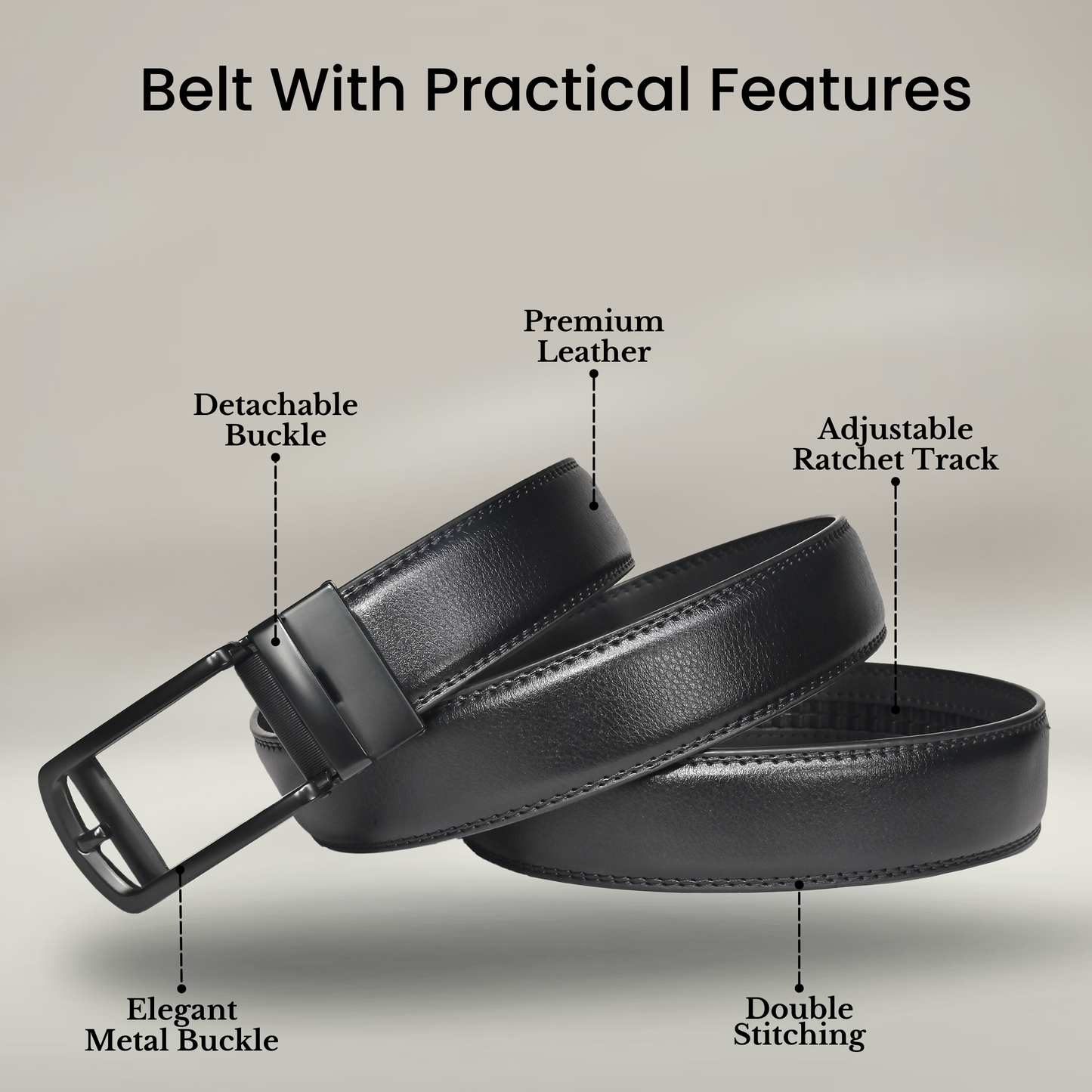RABELL Genuine Leather Belt Fit's size 28 to 46 inch (Phantom black)