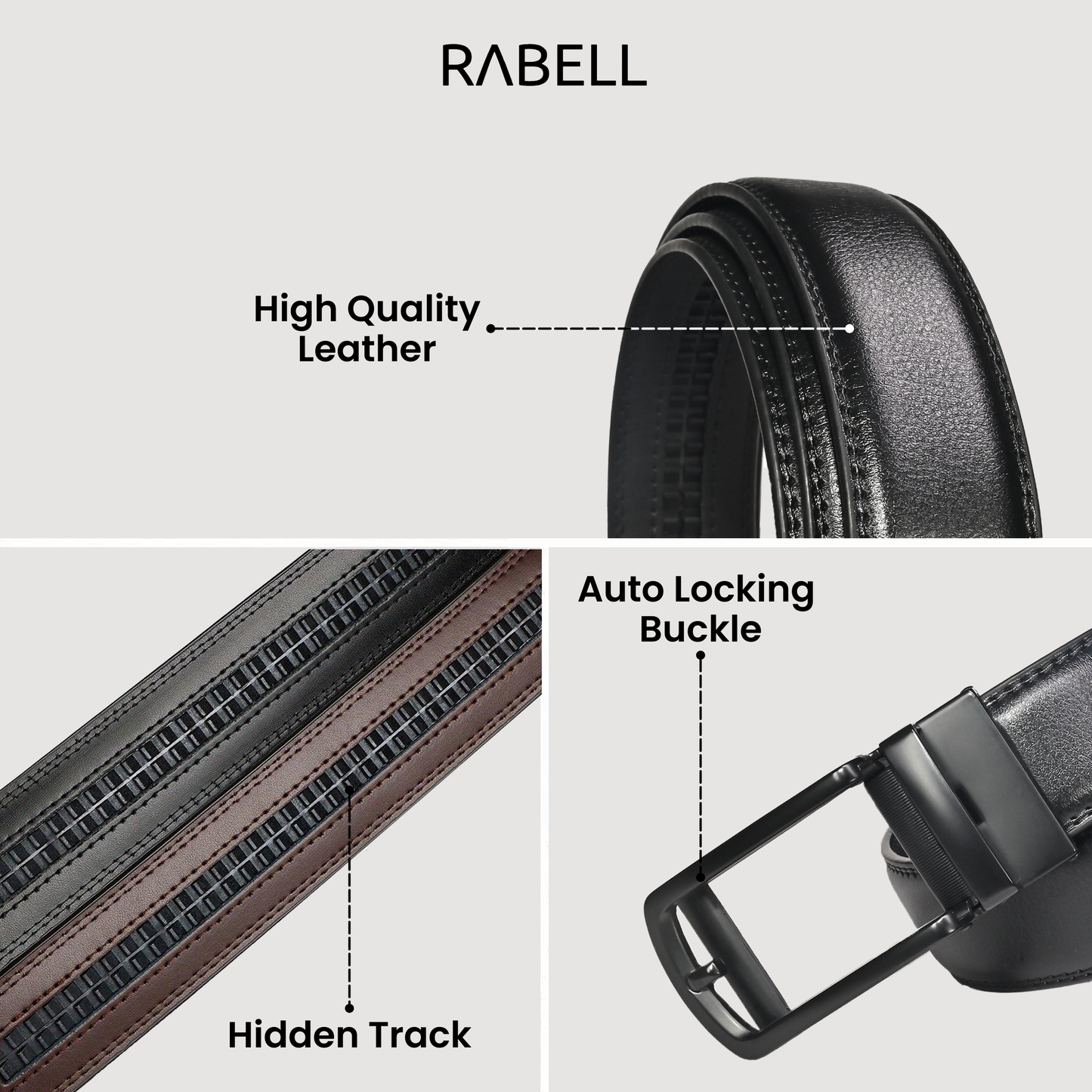 RABELL Genuine Leather Belt Fit's size 28 to 46 inch (Phantom black)