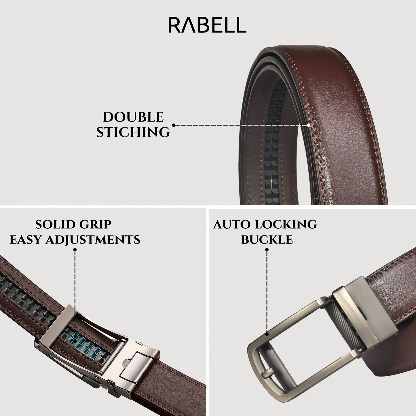 RABELL Genuine Leather Belt for men with Auto Lock mechanism Fit's size 28 to 46 inch (Gun metal)