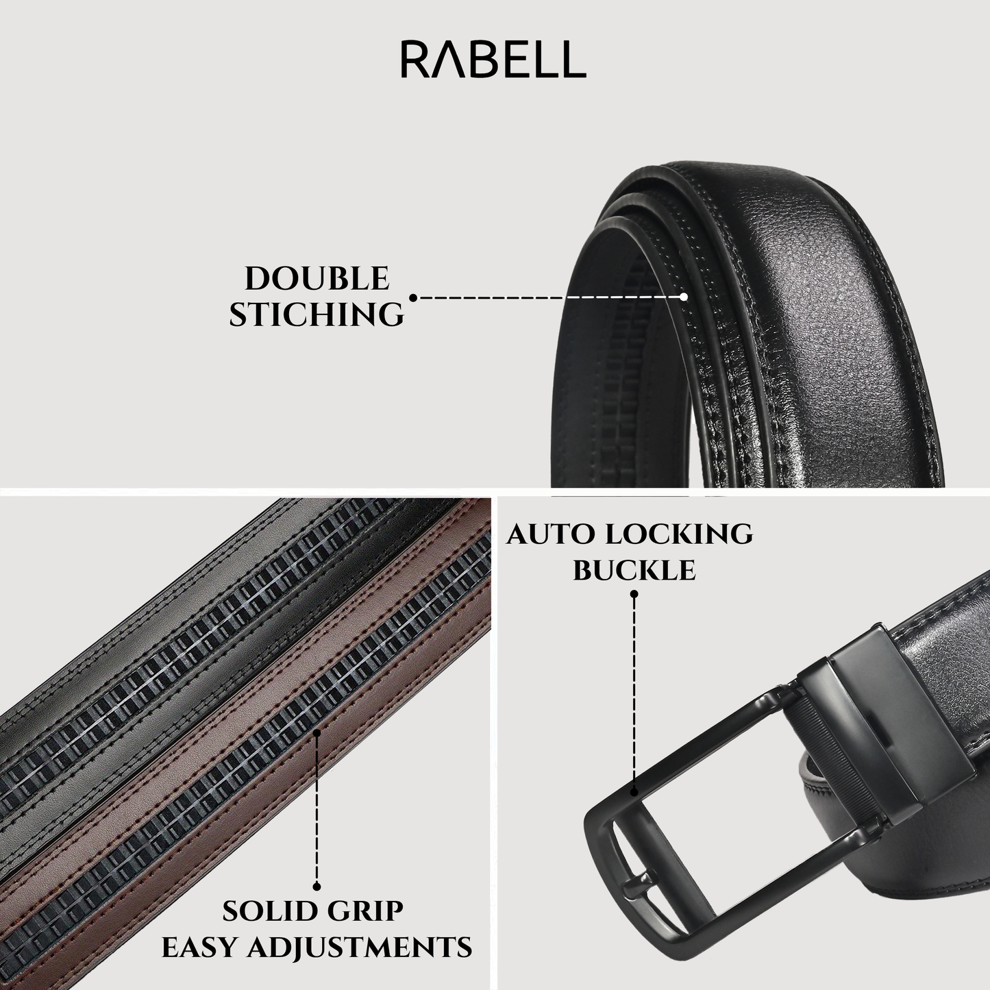RABELL Genuine Leather Belt for men with Auto Lock mechanism Fit's size 28 to 46 inch (Phantom black)