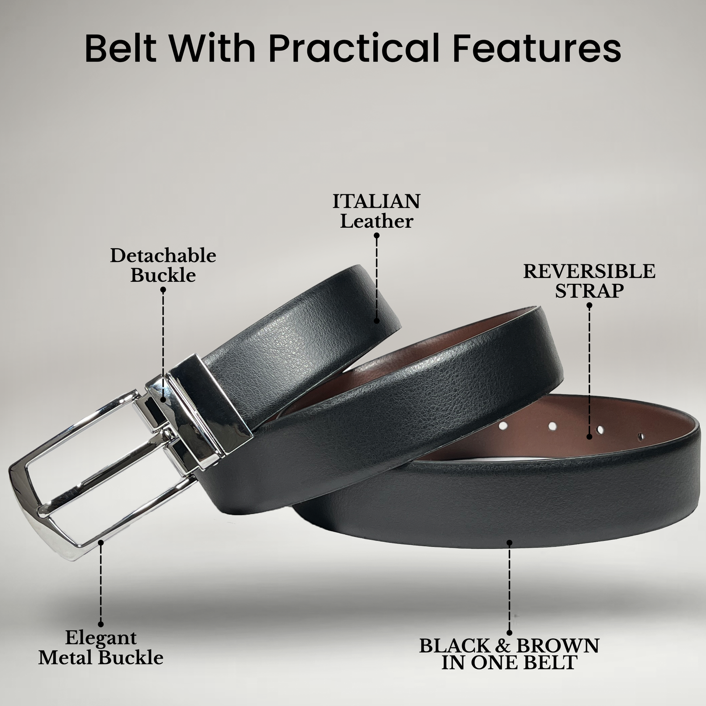 RABELL Reversible Italian Leather Belt Fit's size 28 to 46 inch (Silver)
