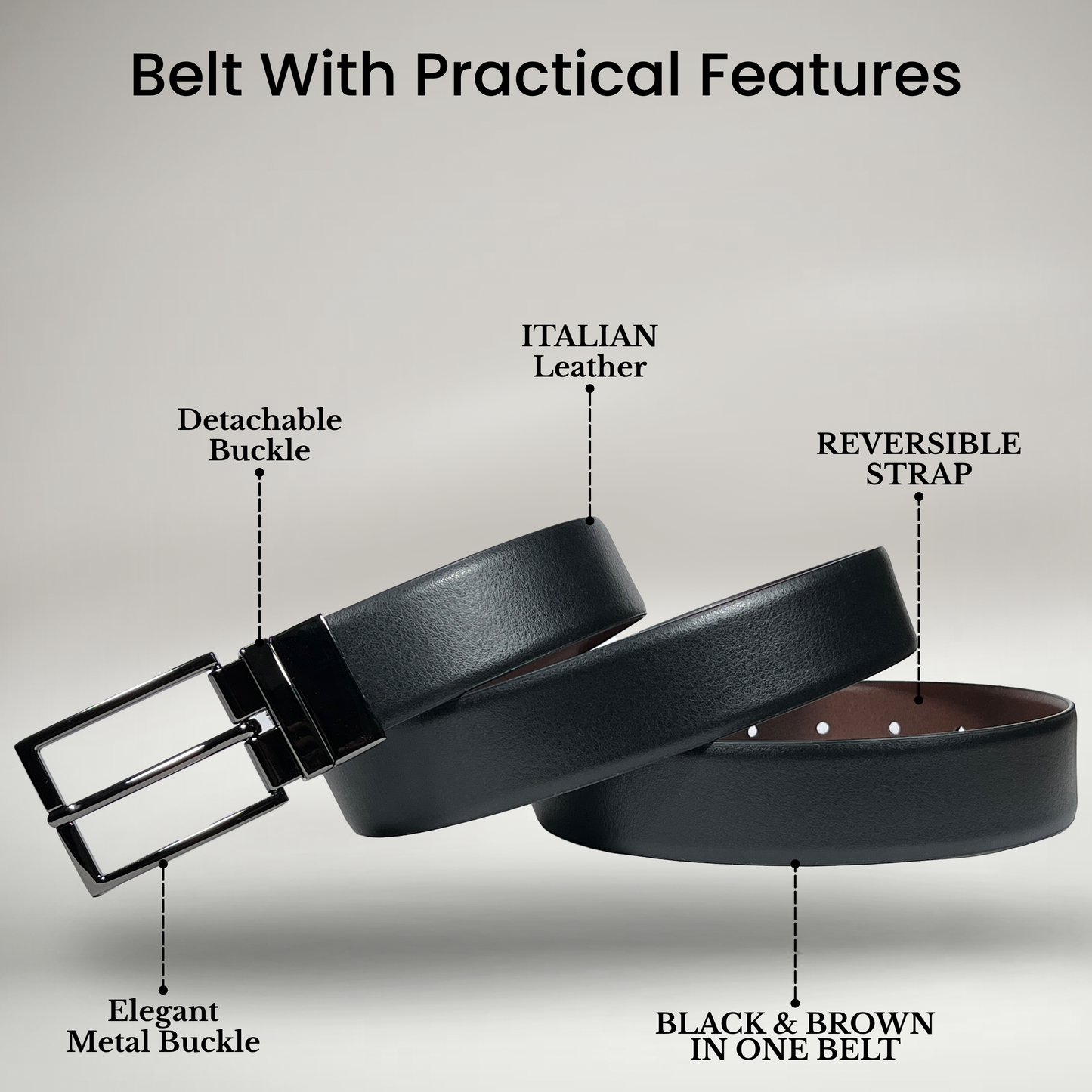 RABELL Reversible Italian Leather Belt Fit's size 28 to 46 inch (Titan Black)