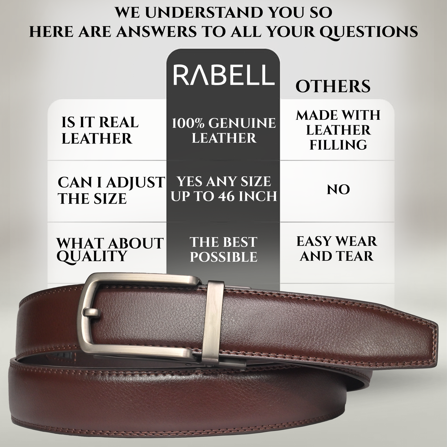 RABELL Genuine Leather Belt for men with Auto Lock mechanism Fit's size 28 to 46 inch (Gun metal)