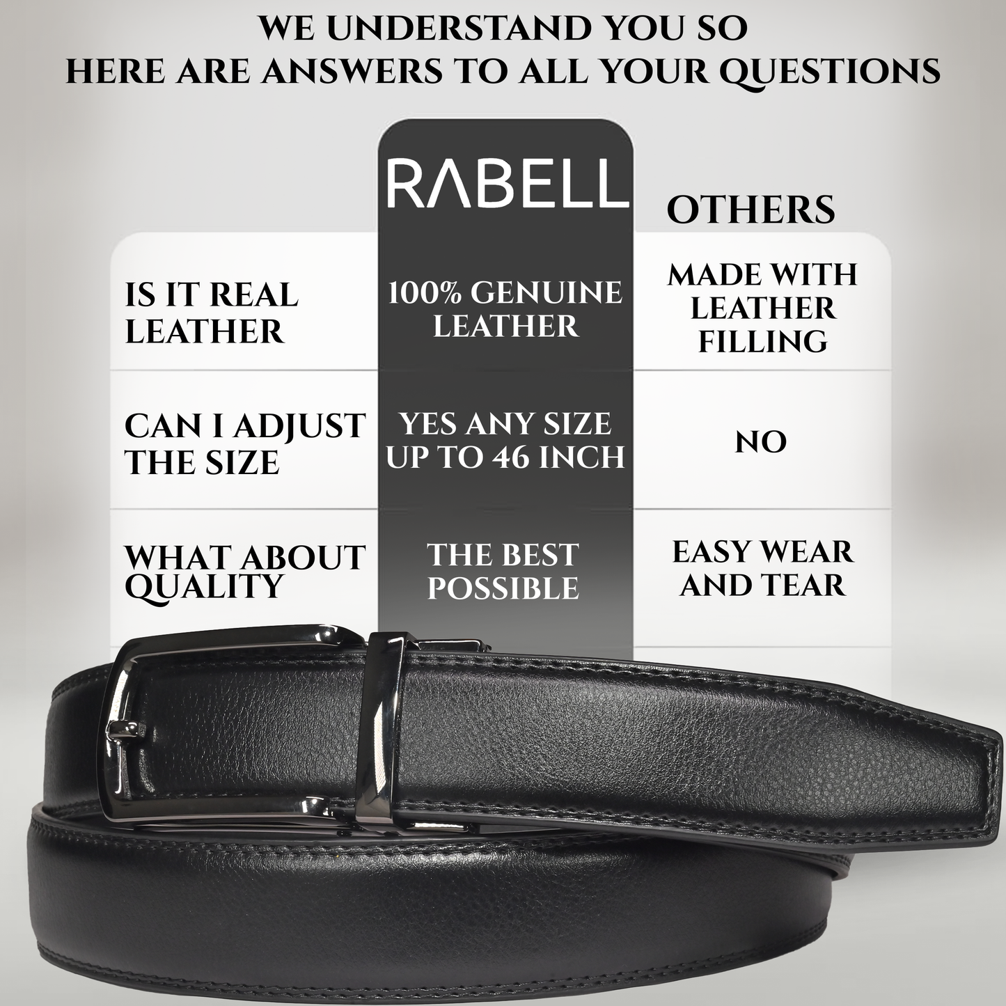 RABELL Genuine Leather Belt for men with Auto Lock mechanism Fit's size 28 to 46 inch (Titan Black)