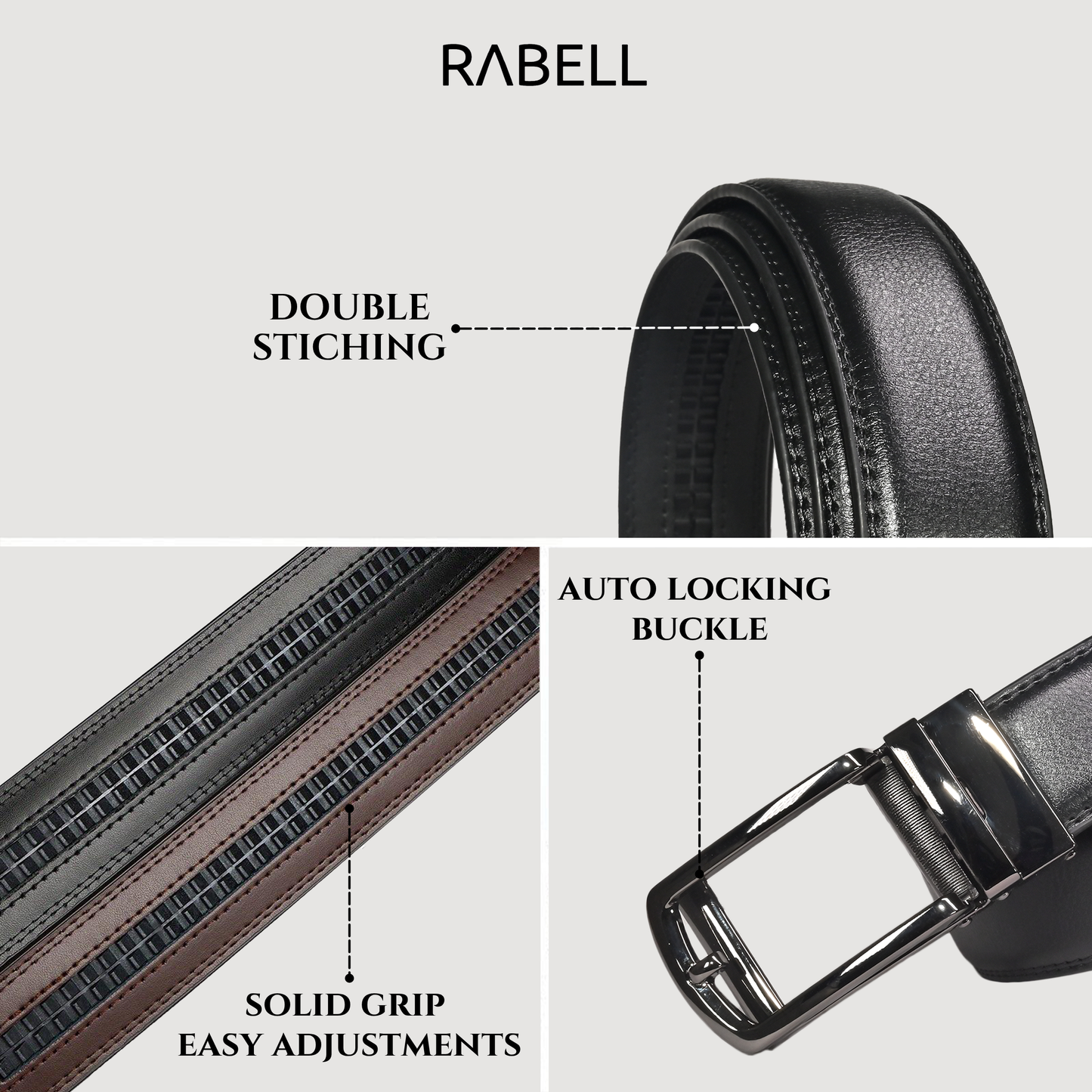 RABELL Genuine Leather Belt for men with Auto Lock mechanism Fit's size 28 to 46 inch (Titan Black)